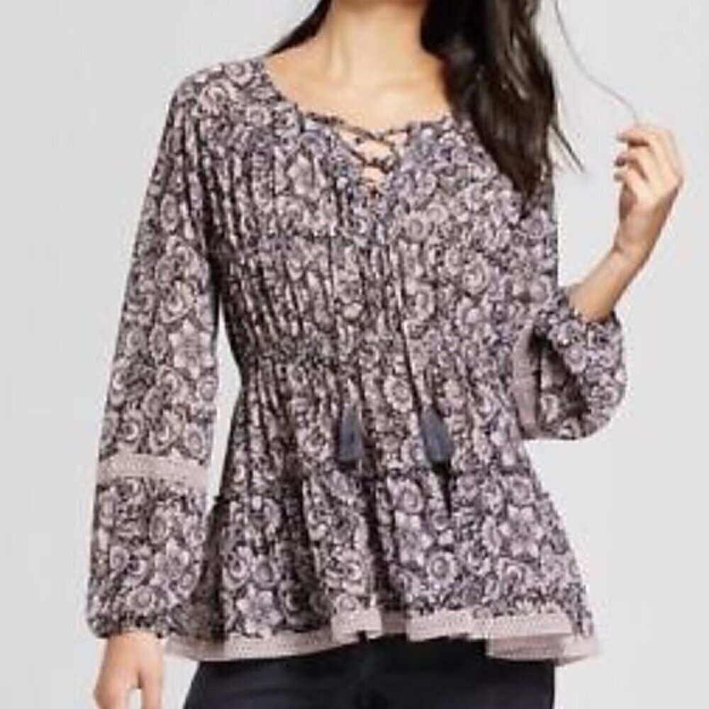 KNOX ROSE Black Lilac Lavender Mauve Pink Floral Long Sleeve Lace Up Peasant Top